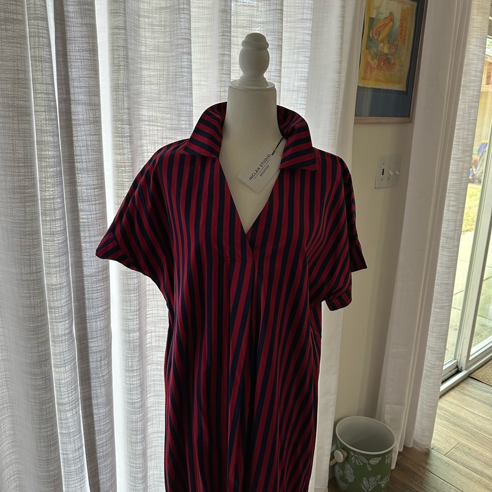 Striped Red and Navy V-Neck Dress